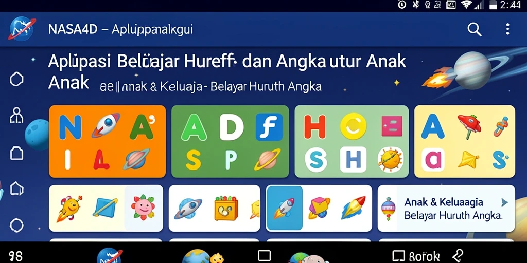 Screenshot antarmuka NASA4D yang interaktif untuk belajar huruf dan angka.