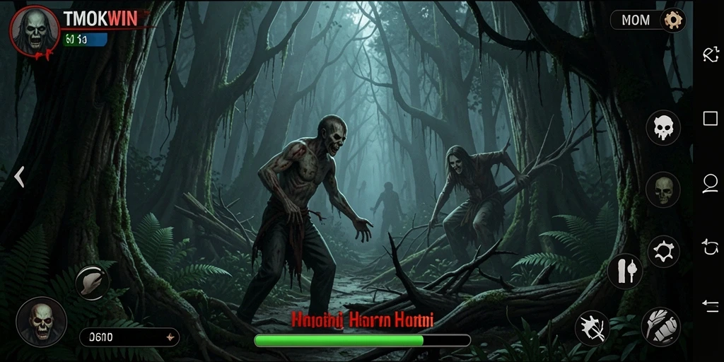 Antarmuka dan lingkungan game Horor Hutan yang menyeramkan.